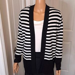Anne Kline Black and White Stripe Malibu Cardigan with Front Pockets